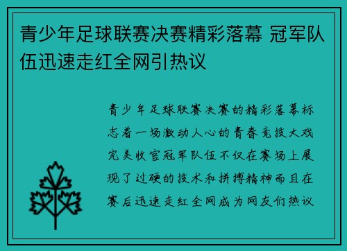 青少年足球联赛决赛精彩落幕 冠军队伍迅速走红全网引热议